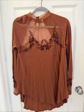 Free People M Rust Sheer Floral Embroidered Long Sleeve Top